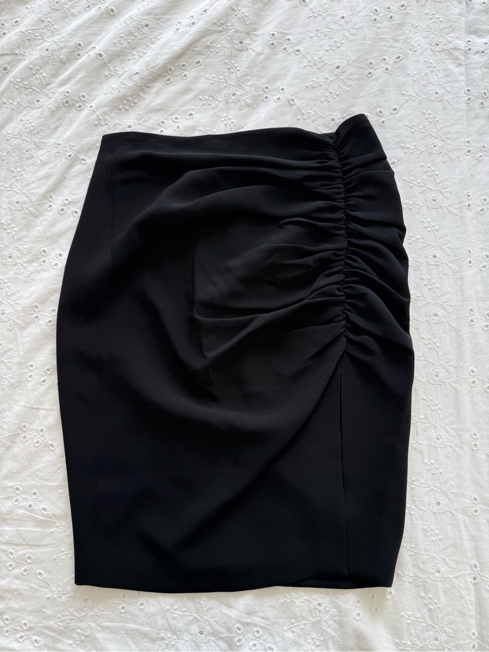 Black Pencil Skirt with Side Slit and Ruching Detail